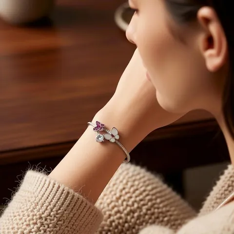 Vintage Butterfly Flower Open Bangle Copper Bracelet With Zirconia And Mother Of Artificial Pearl Shell Elegant Jewelry For Women