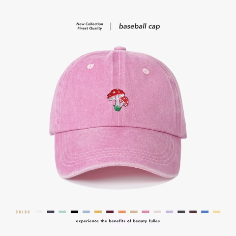 Washed Cotton Baseball Cap With Mushroom Embroidery Vintage Retro Style Adjustable Casual Sun Hat For Men Women