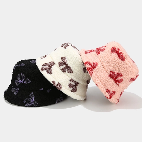 Women Winter Warm Bucket Hat Lambswool Plush Butterfly Print Outdoor Fashion Basin Hat Soft