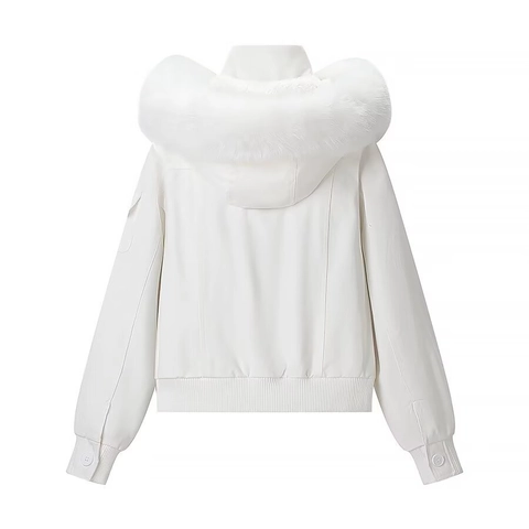Women Short Puffer Jacket Faux Fur Hooded Warm Padded Cotton Coat Ribbed Cuffs Loose Fit Casual Solid Outerwear