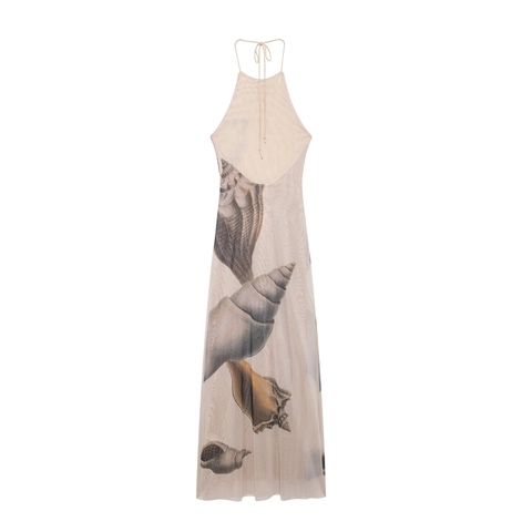 Dames Halterloze Maxi-Jurk Met Open Rug Mesh Tule Schelpenprint Elegante Zomer Vakantie Strand Mouwloze Jurk