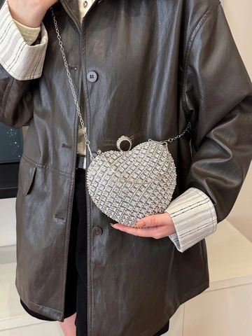 Bolso De Noche Con Forma De Corazón Y Pedrería Cadena De Metal Desmontable Para Bodas Eventos Formales
