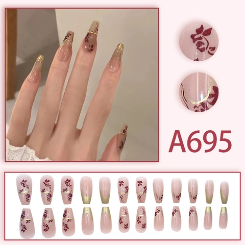 Coffin Press On Nails Gradiënt Bruin Retro Roos Bloemen Goud Lijnen Kunstmatige Valse Nagels Met Lijm Franse Stijl