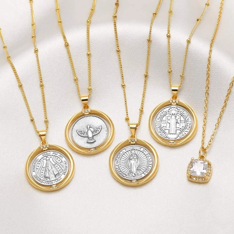 Collar Con Colgante Religioso Virgen María Cobre Chapado En Oro 18K Circón Bicolor Medalla San Benito Rotatoria Joyería