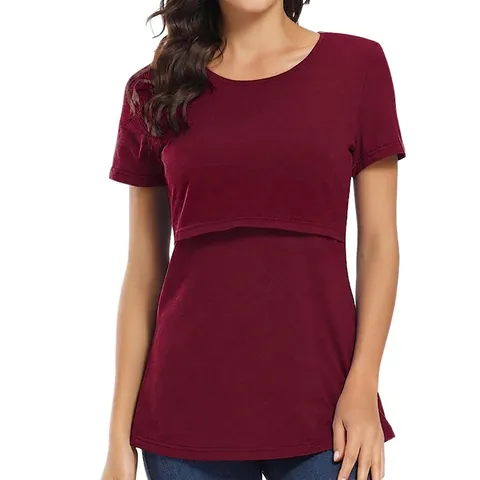 Women Maternity Nursing T-shirt Short Sleeve Round Neck Cotton Blend Breastfeeding Top For Postpartum Mothers