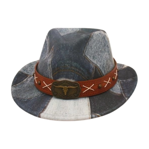 Cappello Fedora Da Cowboy Western Per Bambini Patchwork Denim Con Fascia In Pelle E Fibbia Testa Di Toro Metallo