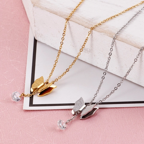 Butterfly Necklace And Earrings Stainless Steel Frosted Elegant Jewelry With Round Zircon For Women