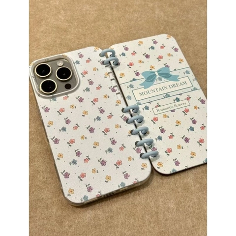 Creative Notebook Design Phone Case Flip Leather Silicone Cover Floral Pattern Bowtie Binder Ring Vintage For Women