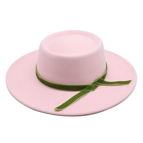 Vintage Boater Hat Wool Felt Wide Brim Flat Top With Velvet Ribbon Autumn Winter Elegant Women Accessory