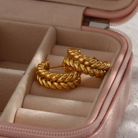 Stainless Steel Wheat Ear Pattern C-Shaped Hoop Earrings For Women 18K Gold Plated Minimalist Twisted Texture Jewelry Gift