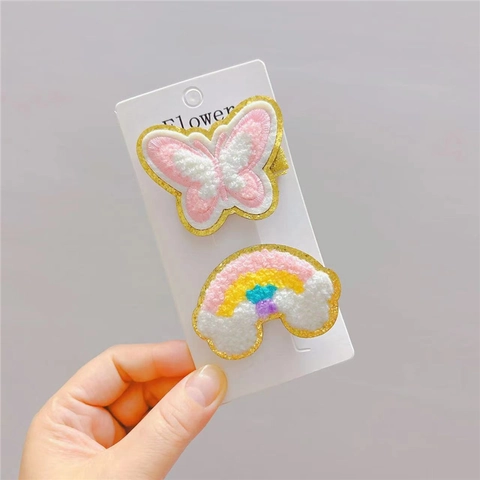 Rainbow And Butterfly Plush Embroidery Hair Clips For Girls Handmade Glitter Cartoon Hairpins Princess Accessories