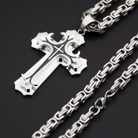 Collar Con Colgante De Cruz Gótica Acero Inoxidable Cadena Bizantina Joyería Religiosa Doble Capa Hombre