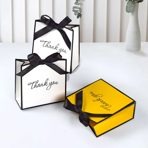 Minimalist Gift Handbags Cardboard With Satin Ribbon Bow And Thank You Print For Wedding Party Favors