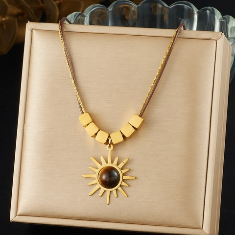 Collar Colgante Sol Acero Inoxidable Chapado En Oro Vintage Maillard Piedra Ojo De Tigre Cuenta Cuerda De Cera Para Mujeres