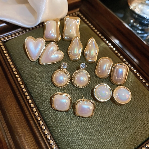 Vintage French Style Heart Square Teardrop Geometric Alloy Faux Artificial Pearl Earrings With 925 Sterling Silver Earring Post