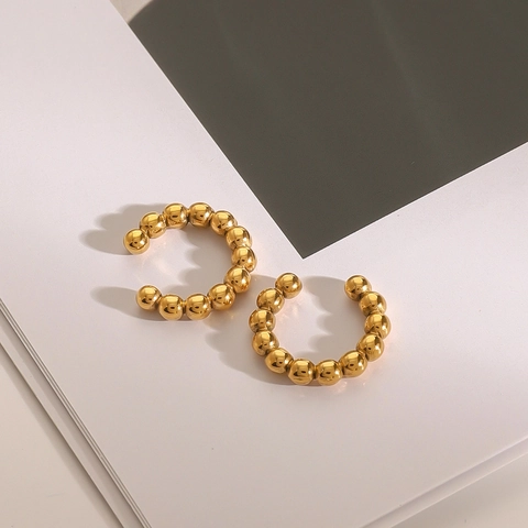 Minimalist 18K Gold Plated Stainless Steel Beaded C-Shaped Ear Cuff Geometric Non-Piercing French Vintage Style Earrings For Women
