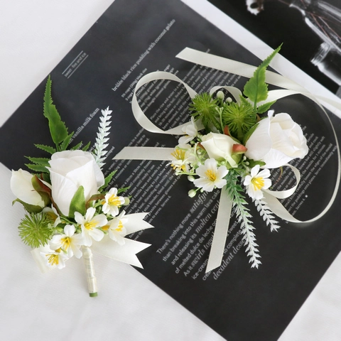 White Artificial Rose Wedding Boutonniere And Wrist Corsage Forest Style Satin Flower For Groom Bride Prom