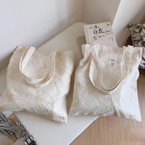 Floral Bestickte Canvas Tote Bag Französisch Vintage Baumwolle Schultertasche Für Damen Minimalistisch Literarisch