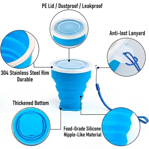 Tazza Per Acqua Pieghevole In Silicone Mug Da Viaggio Portatile Con Cordino E Coperchio Per Campeggio Escursionismo All'aperto Riutilizzabile