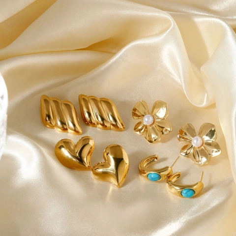Fashion Gold Plated Stainless Steel Earrings For Women Heart Flower Wave Turquoise And Faux Artificial Pearl Vintage Style Studs