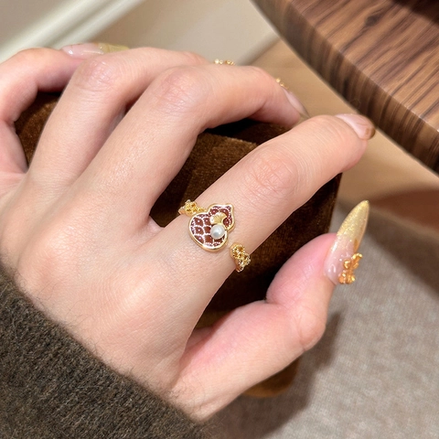 Wu Lou Offener Ring 18K Vergoldet Rote Emaille Hohl Gewebtes Band Weiße Künstliche Perle Verstellbar Vintage Schmuck