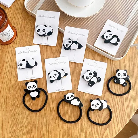 Niedliche Cartoon Panda Haaraccessoires Acetat Entenschnabel Clips Und Hochelastische Haargummis Für Mädchen Frauen Schwarz Weiß