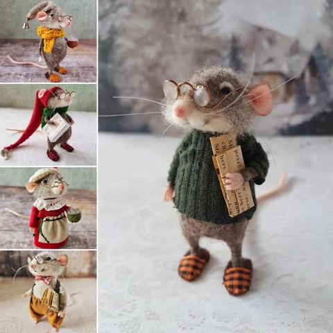 Needle Felted Mouse Figurine Hand-Made Wool Felt Animal Ornament Anthropomorphic Cute Miniature Desktop Decoration