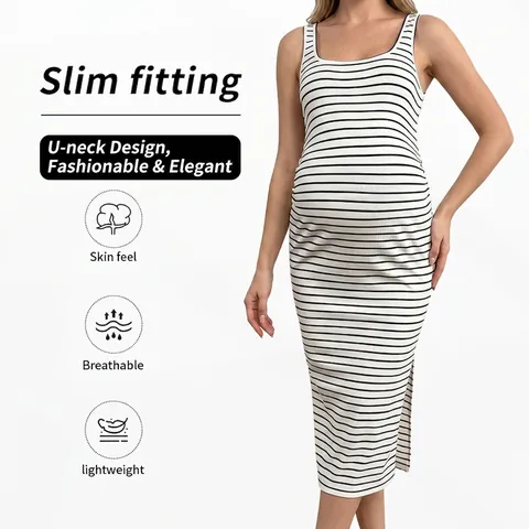 Abito Premaman A Righe A Costine Scollo A U Senza Maniche Slim Fit Spacco Laterale Alta Elasticità Casual Estate Gravidanza