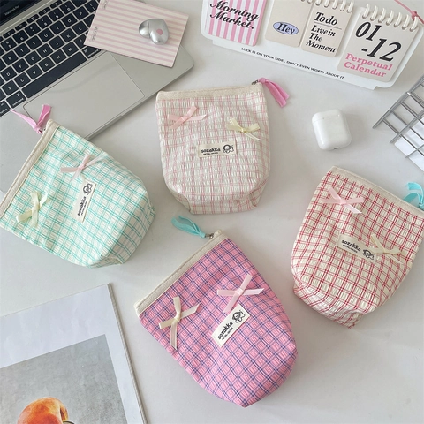 Plaid Bow Cosmetic Bag Polyester Puckered Fabric Travel Toiletry Pouch Cute Japanese Style Organizer Bag