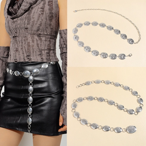 Ceinture Chaîne de Taille en Métal Vintage pour Femmes Tournesol Sculpté Style Bohème Western Ajustable Argent Antique