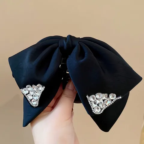 Große Schwarze Satin Schleife Haarklammer Mit Strasssteinen Französischer Eleganter Stil Damen Luxus Haarschmuck Kopfschmuck