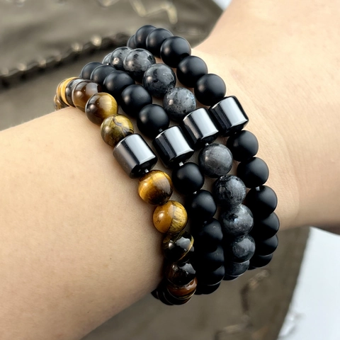 Natural Stone Beaded Bracelet Lava Volcanic Tiger Eye Magnetic Connection Vintage Ethnic Style For Couples Men Women
