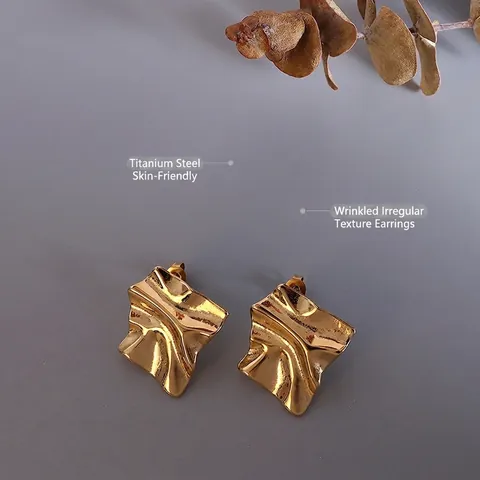 Irregular Wrinkled Square Stud Earrings Stainless Steel 18K Gold Plated Minimalist Metallic Texture For Women