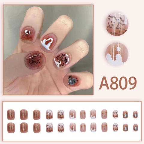 Schattige Hond Kat Press On Nagels Glanzende Korte Ronde Kunstnagels Met 3D Reliëf Smudge Voor Vrouwen Zoete Manicure Stijl
