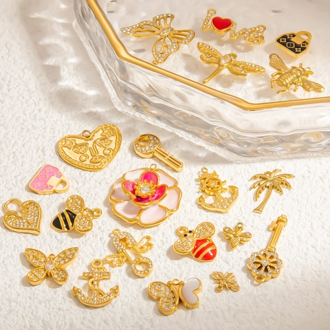 Stainless Steel Charms Pendants Gold Plated Enamel Zircon Butterfly Bee Flower Heart Key For DIY Jewelry Making Accessories