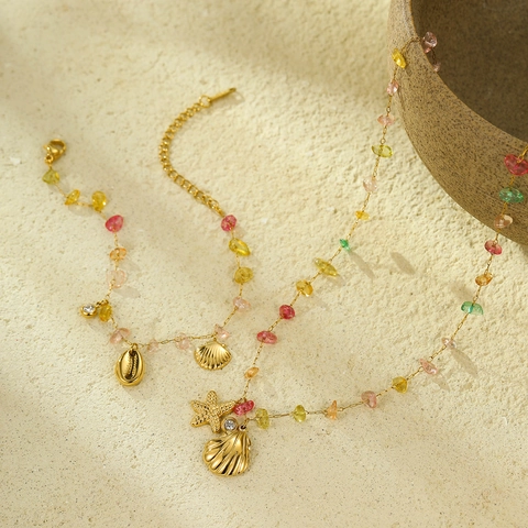 Ocean Theme Jewelry Necklace And Bracelet 18K Gold Plated Stainless Steel Colorful Crushed Stone Shell Starfish For Women