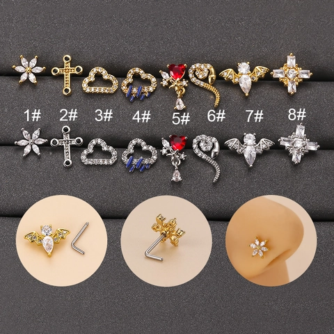 Piercing Naso in Acciaio Inossidabile Strass Fiore Croce Serpente Pipistrello Perno a L Gioielli per Unisex