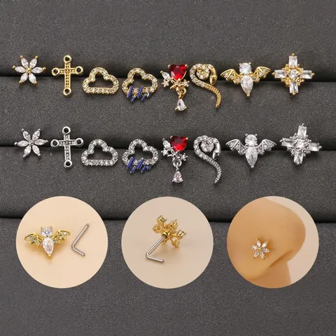 Stainless Steel Nose Stud Rhinestone Flower Cross Snake Bat L-Shaped Nose Piercing Jewelry For Unisex