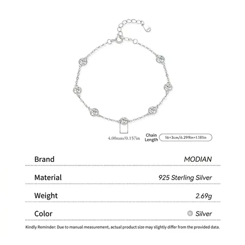 925 Sterling Silver Bracelet Round Clear Cubic Zirconia Bezel Set Adjustable Station Chain Minimalist Jewelry For Women