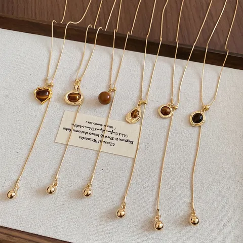 Collana Con Pendente A Cuore Occhio Di Tigre Vintage Catena Maglione In Rame Placcato Oro Regolabile Da Donna