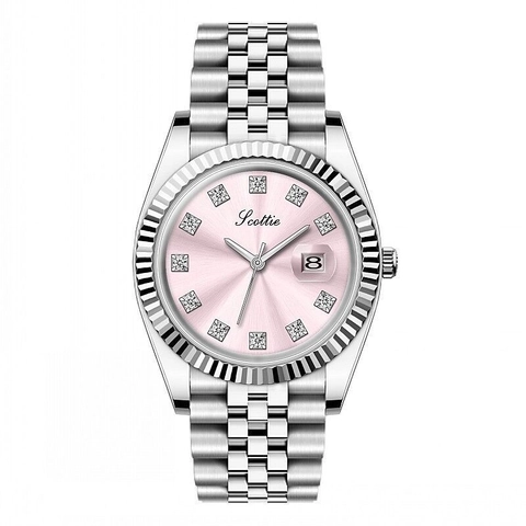 Reloj Cuarzo Elegante Para Mujer Pulsera Jubilee De Acero Inoxidable Bisel Estriado Marcadores Rhinestone Impermeable Fecha Analógico