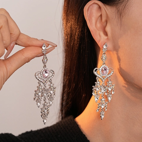 Heart Tassel Dangle Earrings Pink Rhinestone Vintage Court Style For Women With Silver Earring Post
