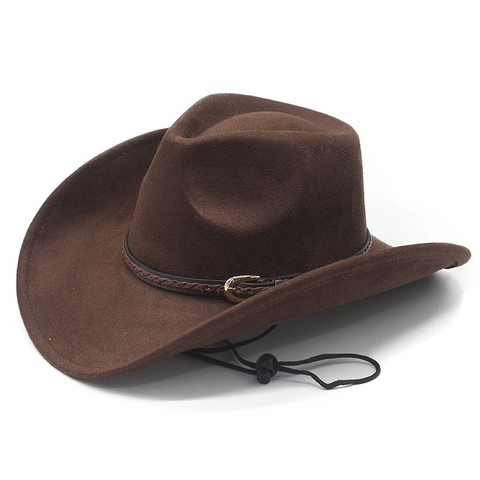 Western Cowboyhoed Suède Polyester Brede Rand Retro Stijl Met Gevlochten Band Metalen Gesp En Verstelbaar Touw