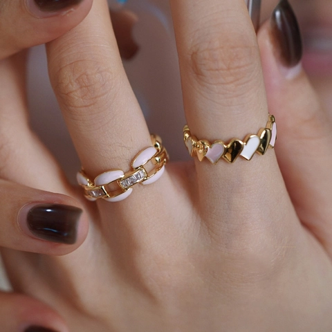 Adjustable Copper Ring For Women With Pink Enamel Heart And Zircon Hollow Chain Link Sweet Niche Style Finger Jewelry