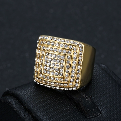 Men Hip Hop Ring Stainless Steel Gold Plated Square Multi Layer Iced Out Zircon Luxury Punk Jewelry Gift