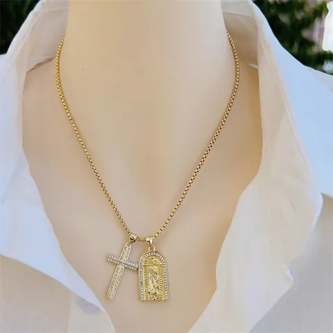 Collier Pendentif Croix Cuivre Plaqué Or 18K Avec Zircone AAA Bijoux Religieux Jésus Vierge Marie Clé Pour Hommes Femmes