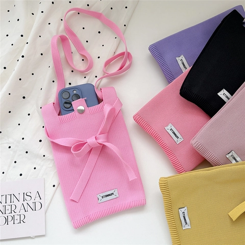 Knitted Phone Crossbody Bag Solid Color Polyester Mini Shoulder Pouch With Snap Closure For Women Casual Daily