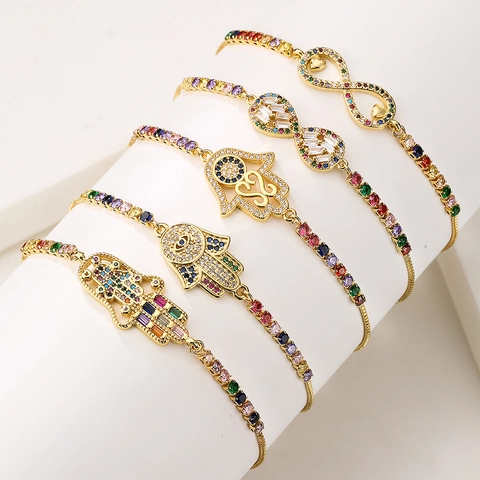 Bracelet Hamsa Hand Infinity Cuivre Plqué Or 18K Zircon Coloré Fermoir Coulissant Réglable Bijoux Pour Femmes