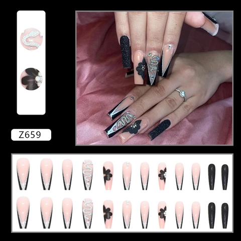 Lange Coffin Press On Nails Zwarte French Zilver Glitter Slang 3D Bloemen Steentjes Ballerina Kunstnagels