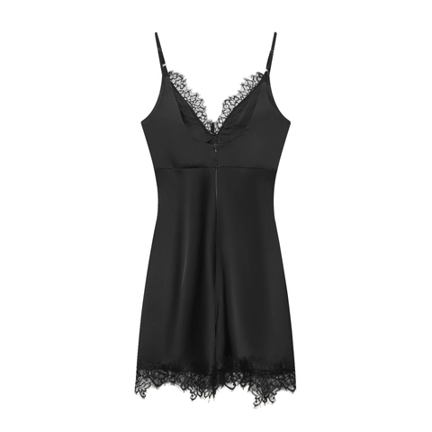 Robe Courte En Satin Pour Femmes Sexy Col En V Bordure En Dentelle Bretelles Spaghetti Ajustables Nuisette Élégante